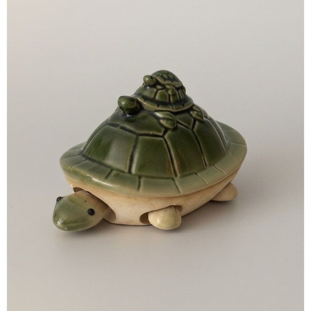 Vintage Green Ceramic Turtle Figurine Bobble Head & Legs Two Baby Turtles on Top